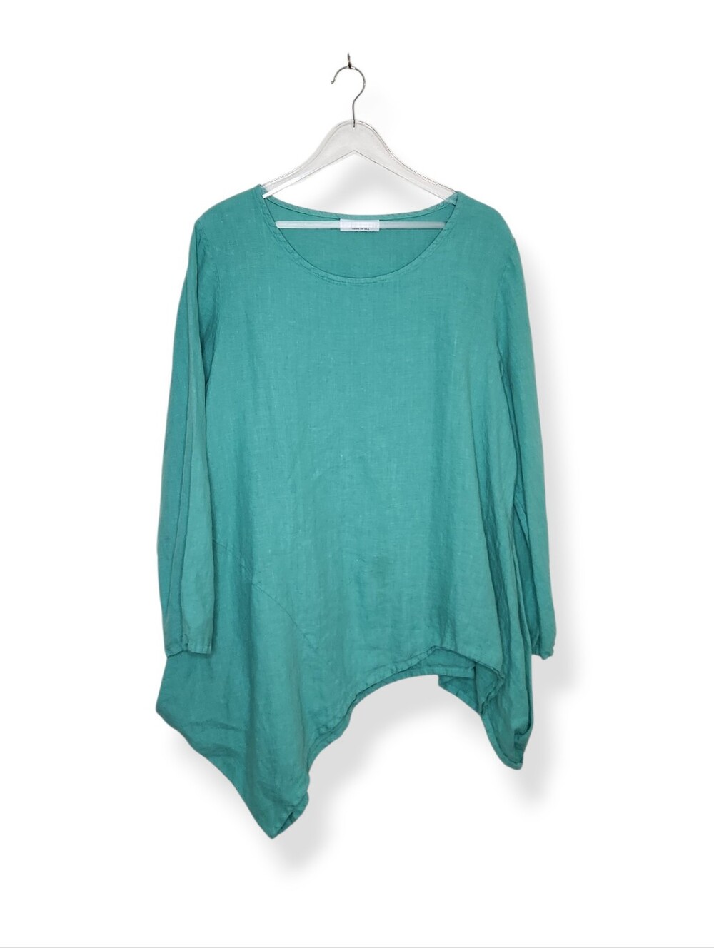 Bryn Walker Women's 100% Linen Teal Green Asymmetrical Hem Shirt Top Size XL